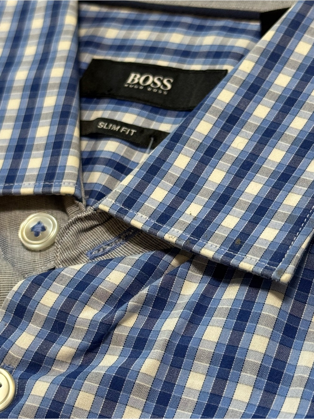 Boss Blue and White Slim Fit Check Dress Shirt